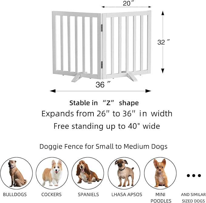 Dog Gate Indoor, Freestanding Dog Fence for The House, Doorways, Hallways,or Stairs,Pet Gate Foldable Wooden,Expandable 32" Height 2 Panels,White