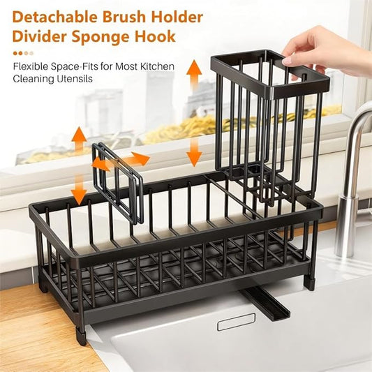 Black Sponge Holder for Kitchen Sink, Sink Caddy with Brush Holder Self-draining Sponge, Sturdy Rustproof Stainless Steel Kitchen Countertop Organizer for Soap Dispenser
