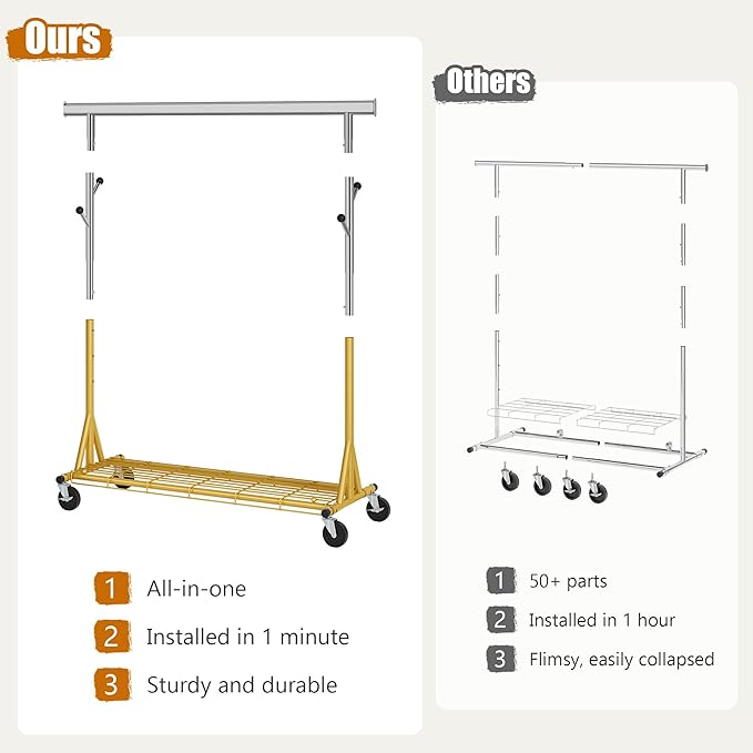 Heavy Duty Clothes Rack Load 530 LBS Metal Clothing Garment Rack Hang 200 pieces of clothing on Wheels Rolling Portable Collapsible & Adjustable with Hook for Hanging Clothes Gold