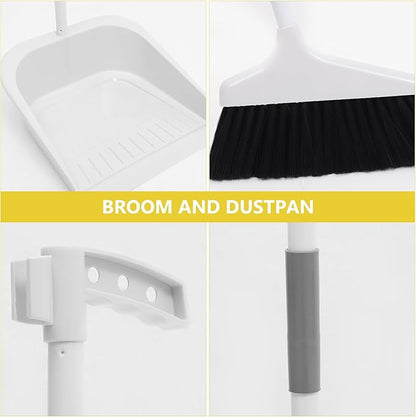 Broom and Dustpan Set Heavy Duty with Long Handle, Soft Bristle Broom and Large Dustpan for Home Cleaning, Pet Hair Removal, Indoor Floor Sweeping, White