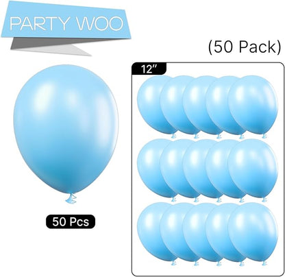 PartyWoo Light Blue Balloons 50 pcs 12 Inch Baby Pastel Sky Aqua Blue Latex Helium Balloons for Graduation Baby Shower Gender Reveal Wedding Under the Sea Birthday Party Decorations Blue-Y4