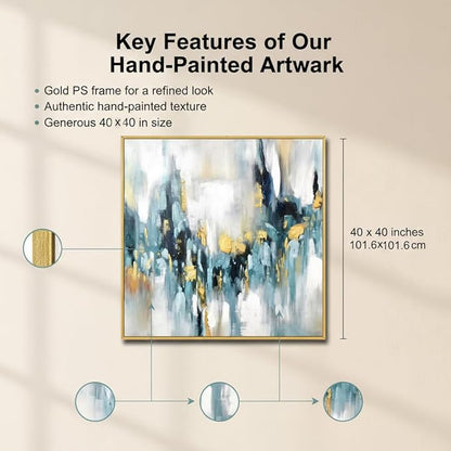 Large Blue and Gold Abstract Wall Art for Office. Hand-Painted Abstract Oil Painting for Living Room. Framed Blue Wall Painting Contemporary for Bedroom Home Decoration Ready to Hand 40x40inches