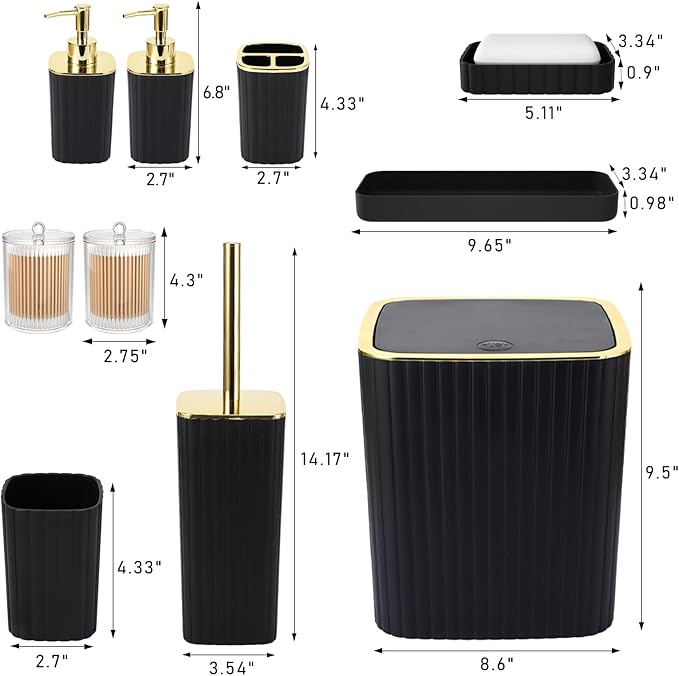 Bathroom Accessories Set - Gorgeous Black Bathroom Set, 10PC Bathroom Accessory Set, Toilet Brush, Trash Can, Qtip Holder Dispenser & Soap Dispenser
