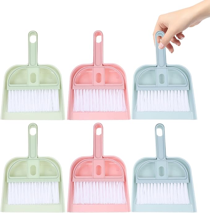 Handheld Mini Broom and Dustpan Set, 6pcs Desktop Cleaning Brush Kit for Pet Hair and Household Debris, Small Brooms with Dust Pans in Pink, Green, and Blue for Home and Office Use
