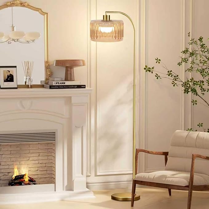 Gold Floor Lamp for Living Room,Bedroom,Mid Century Modern Standing Lamp with Remote,Dimmable Brass Tall Lamp Glass Lamp Vintage Retro Arc Floor Lamps Flower Floor Light Boho Bohemian