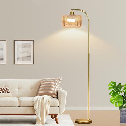 Gold Floor Lamp for Living Room,Bedroom,Mid Century Modern Standing Lamp with Remote,Dimmable Brass Tall Lamp Glass Lamp Vintage Retro Arc Floor Lamps Flower Floor Light Boho Bohemian