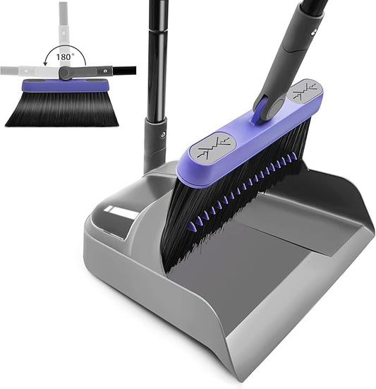 Collapsible Broom with Dustpan Combo, 54 Inch Long Handle Soft Bristle 180 Degree Swivel Brush Indoor Outdoor Kitchen Lobby Dorm Room Classroom, Small Vertical Dustpan with Combing Teeth