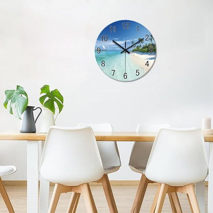 XFM Blue Beach Wall Clocks Battery Operated 14 Inch Round Glass Silent Wall Clock Coastal Nautical Wall Clocks for Living Room Bedroom Kitchen Decor