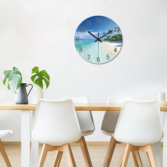 XFM Blue Beach Wall Clocks Battery Operated 14 Inch Round Glass Silent Wall Clock Coastal Nautical Wall Clocks for Living Room Bedroom Kitchen Decor