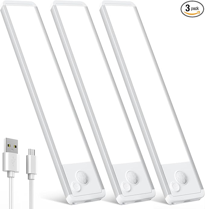 Under Cabinet Motion Sensor Lighting: Dimmable Rechargeable Lights Indoor - Battery Operated Lights - Undercabinet Wireless Closet Light Magnetic Led Light for Kitchen Home Bathroom Counter 3 Pack