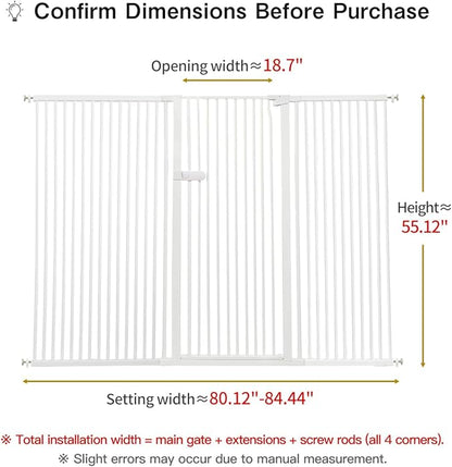Lumizone Extra Tall Cat Gate 55.12" High Pressure Mounted Extra Wide 2025 New (17 Sizes) 1.37" Gap No Drilling Auto-Close One-Handed Operation Tall Pet Gate for Dogs(White, 55.12" H x 80.12"-84.44" W)