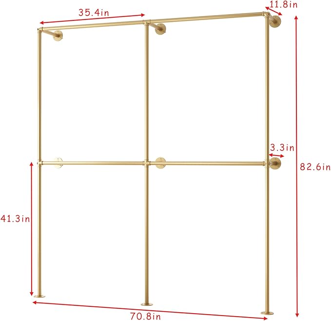 BOSURU Industrial Pipe Clothing Rack Wall Mounted,Clothes Racks with Double Hanging Rods for Closet Storage(Gold)