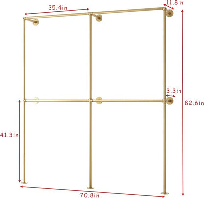 BOSURU Industrial Pipe Clothing Rack Wall Mounted,Clothes Racks with Double Hanging Rods for Closet Storage(Gold)