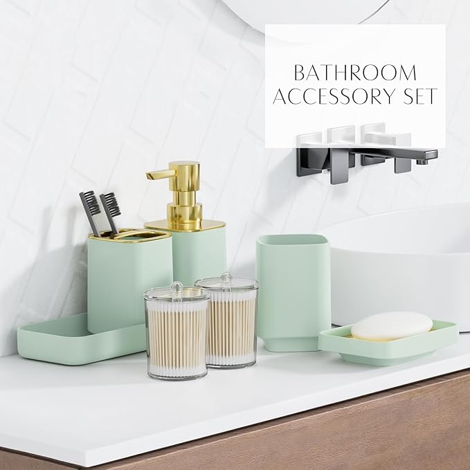 25PCS Bathroom Accessory Set, Green Bathroom Set with Large-Capacity 4 Gallon Trash Can,Bathroom Rugs Set, Waterproof Shower Curtain, Toilet Brush, Toothbrush Holder & Soap Dispenser