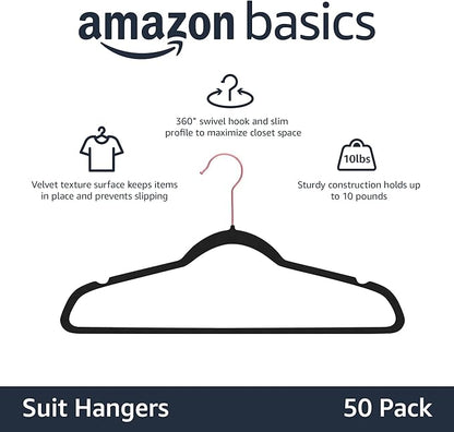Amazon Basics Slim, Velvet, Non-Slip Suit Clothes Hangers, Black/Rose Gold - Pack of 50