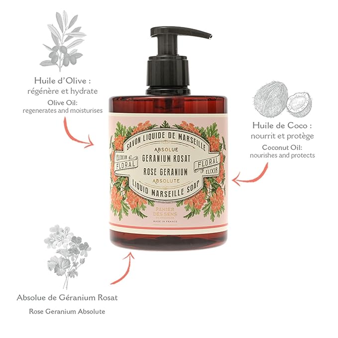 Panier des Sens - Moisturizing Hand Soap - Rose Geranium Fragrance - French Traditional Savon de Marseille Soap - Refillable Kitchen & Bathroom Soap - 16.9 Fl.oz Liquid Hand Wash 96% Natural