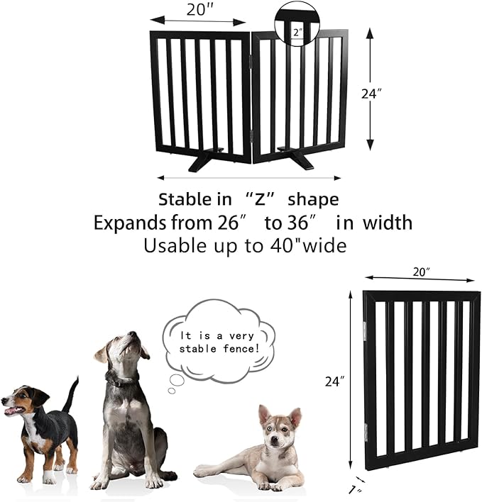 Dog Gate Indoor, Freestanding Dog Fence for The House, Doorways, Hallways,or Stairs,Pet Gate Foldable Wooden,Expandable 24" Height 2 Panels,Black