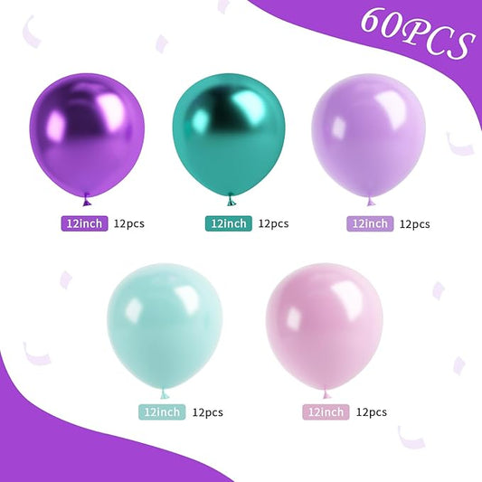 Mermaid Party Balloon Set, 60 Pcs 12 Inches Metallic Purple Pink Green Blue Latex Balloons for Girls Mermaid Birthday Decoration Baby Shower Birthday Under The Sea Party Decorations