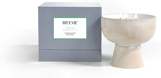 Blueme Focus Candle | Eucalyptus & Lime | 3 Wick - Refillable Wellness Candle with Essential Oils, Hand Finished & Poured Soy Wax Blend Ceramic Vessel, Natural Cotton Wicks | Medium 12 oz