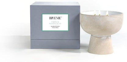 Blueme Focus Candle | Eucalyptus & Lime | 3 Wick - Refillable Wellness Candle with Essential Oils, Hand Finished & Poured Soy Wax Blend Ceramic Vessel, Natural Cotton Wicks | Medium 12 oz