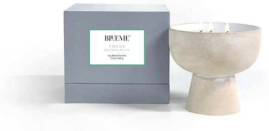 Blueme Focus Candle | Eucalyptus & Lime | 3 Wick - Refillable Wellness Candle with Essential Oils, Hand Finished & Poured Soy Wax Blend Ceramic Vessel, Natural Cotton Wicks | Medium 12 oz