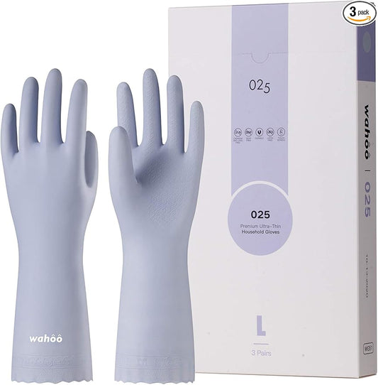 LANON 3 Pairs wahoo Skin-Friendly Cleaning Gloves, Unlined Dishwashing Kitchen Gloves, Reusable, Non-Slip, Icelandic Blue, Large