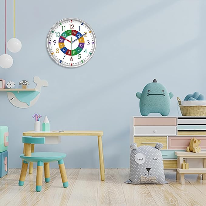 XFM Kids Wall Clock 10 Inch Silent Non Ticking Battery Operated Colorful Teaching Time Clock Decorative Small Analog Learning Clock for Kids Room Classroom School Playroom