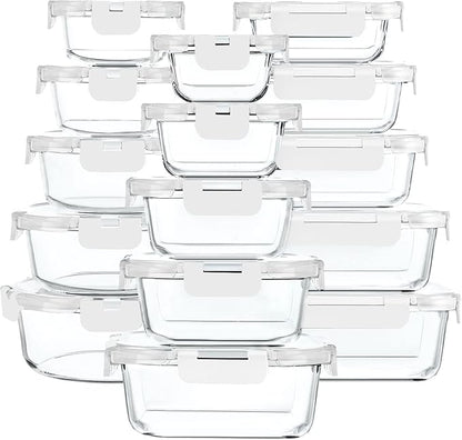 M MCIRCO 30 Pieces Glass Food Storage Containers with Upgraded Snap Locking Lids,Glass Meal Prep Containers Set - Airtight Lunch Containers, Microwave, Oven, Freezer and Dishwasher Friendly (White)
