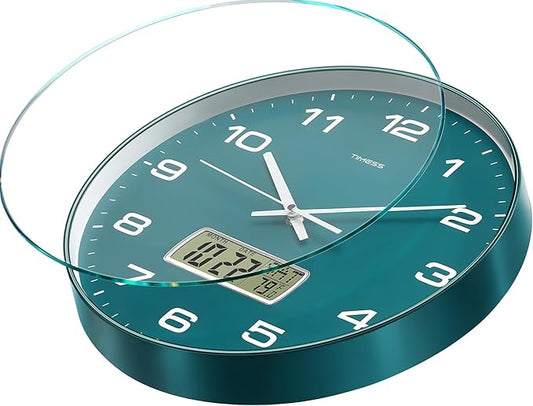 Wall Clock, 12" Dial Non-Ticking Silent Battery Operated Analog with LCD Display for Perpetual Calendar and F° Temperature, Ideal Modern Home, Bedroom, Kitchen, Office Decor (Green)