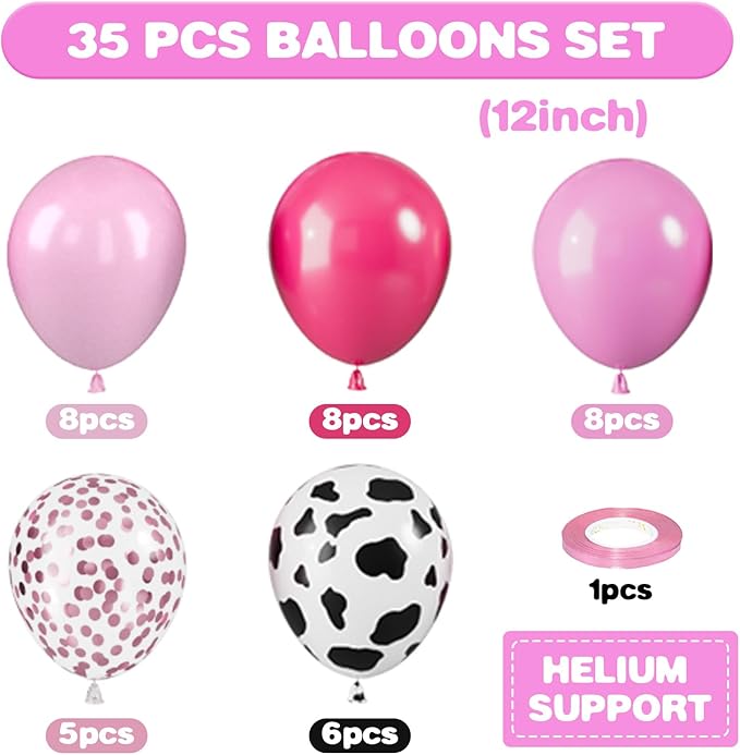 Pink Cow Balloons, 12 Inch Pink Cow Print Balloons, Pastel Hot Pinks Cows Pattern Helium Balloon Confetti Latex Balloon for Girl Farm Birthday Baby Shower Rodeo Party Decorations