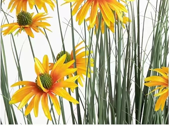 Artificial Grass Plant with Yellow Echinacea Flowers, 57 inches, Indoor/Outdoor Decor, Set of 2