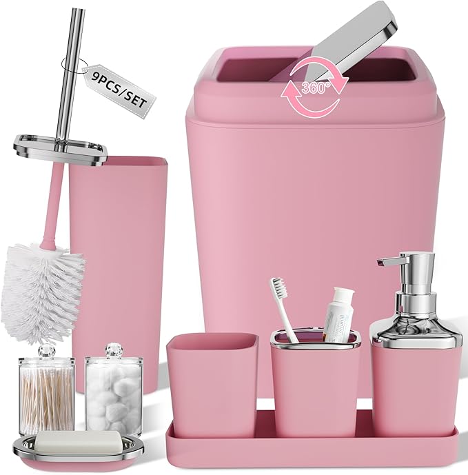 Pink Bathroom Accessories Set, 9PCS Pink Bathroom Accessory Sets Complete with Trash Can, Tray,Soap Dispenser,Soap Dish,Toothbrush Holder,Cup,Toilet Brush and Qtip Holders for Housewarming