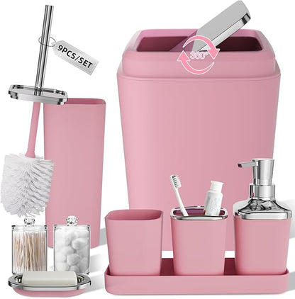 Pink Bathroom Accessories Set, 9PCS Pink Bathroom Accessory Sets Complete with Trash Can, Tray,Soap Dispenser,Soap Dish,Toothbrush Holder,Cup,Toilet Brush and Qtip Holders for Housewarming