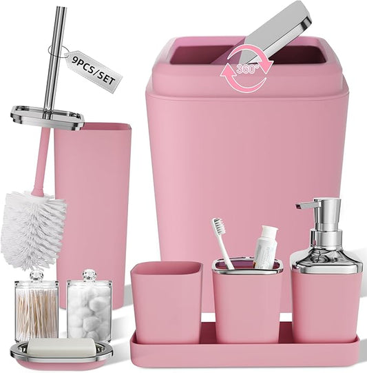 Pink Bathroom Accessories Set, 9PCS Pink Bathroom Accessory Sets Complete with Trash Can, Tray,Soap Dispenser,Soap Dish,Toothbrush Holder,Cup,Toilet Brush and Qtip Holders for Housewarming