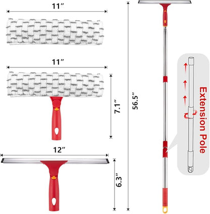 ITTAHO Squeegee for Window Cleaning, 12" Squeegee and 11" Microfiber Scrubber Combi with Stainless Steel Pole, Extendable Window Cleaner for Car, Sliding Door, Shower Glass Door-Swivel Style-2 Pads