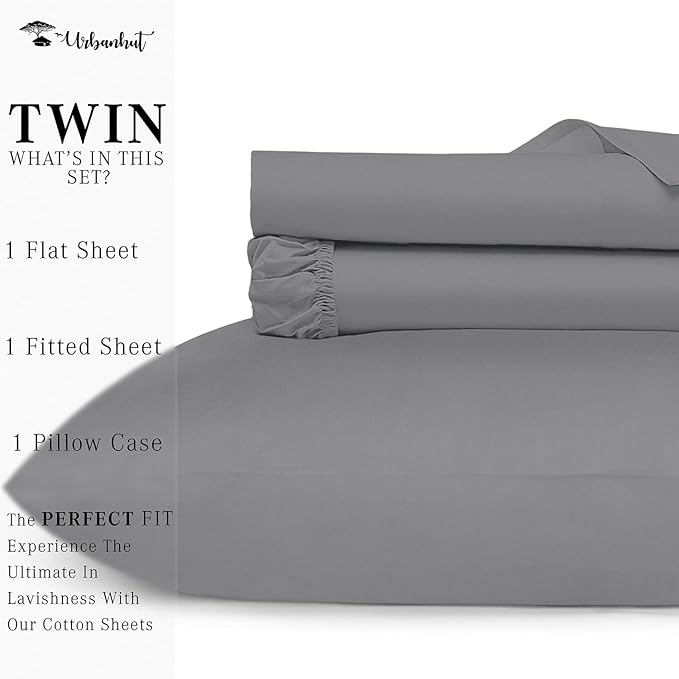 URBANHUT 800 Thread Count Egyptian Cotton Sheets Twin Size, Long Staple Sheets Set for Twin Size Bedding, 3 Pc Bed Sheet Sets, Luxury Hotel Sateen Sheets Fits 16" Deep Pocket - Dark Grey