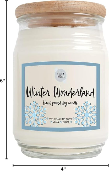 Aira Soy Candles - Organic, Kosher, Vegan, in Farmhouse Jar w/Essential Oil Blends - Hand-Poured Winter Candle - 100% Soy Candle Wax - Paraffin Free, Burns 150+ Hours - Winter Wonderland - 16 Ounces