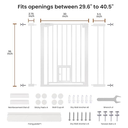 Mumeasy 36" High Extra Tall Baby Gate with Cat Door, 29.6"-40.5" Wide Pressure Mounted Dog Gate with Small Pet Door, Auto Close Pet Gate for House,Stairs,Doorways,White