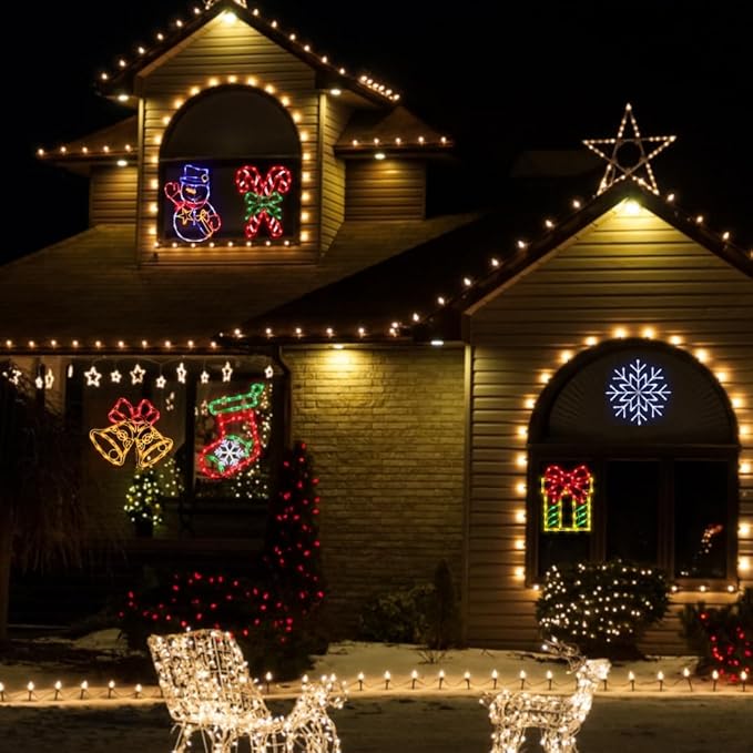 16" Christmas Window Silhouette Lights Decorations - 6 Pack Colour Lighted Candy Cane ＆ Snowman ＆ Christmas Stocking ＆ Bell ＆ Gift Box ＆ Snowflake for Holiday Wall Door Window Decorate