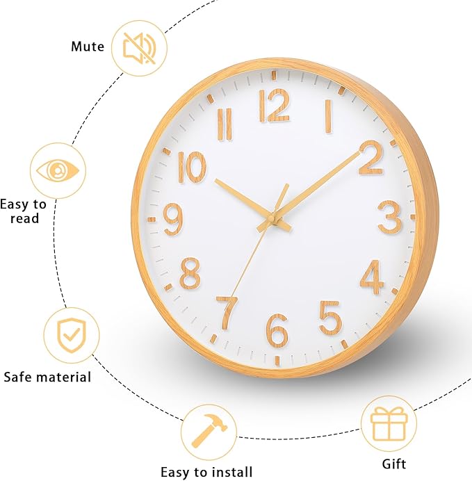 Wall Clocks Battery Operated 10 inch Modern Wall Clock,Silent Non Ticking Wall Clock for Living Room Bedroom Kitchen Office Classroom Decor (Wood Grain Yellow White)