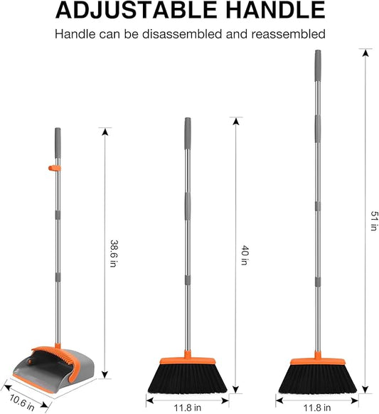 NACENA Broom and Dustpan Set, 52-in Long Adjustable Handle Broom Dustpan Combo with Dustpan Teeth to Automatically Clean Hair Suitable for Home Kitchen Office Hall Floor (Grey&Orange), 2 Pack
