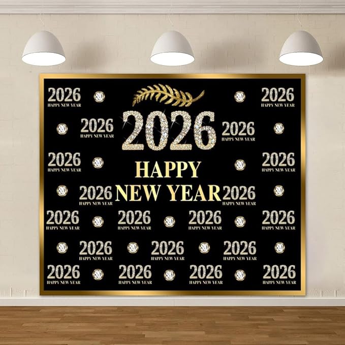 Happy New Year Backdrop 10x8ft Fabric 2026 New Year Party Decoration Backdrop NYE Backdrops for Photography