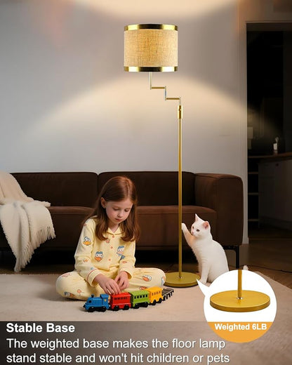 Lightdot 70IN Gold Floor Lamp Dimmable Linen Shade LED Floor Lamps with 3000K for Wedding/Party,350 Degree Swing Arms, Modern Tall Lamp for for Reading, Sewing, and Craft (Bulbs Included)