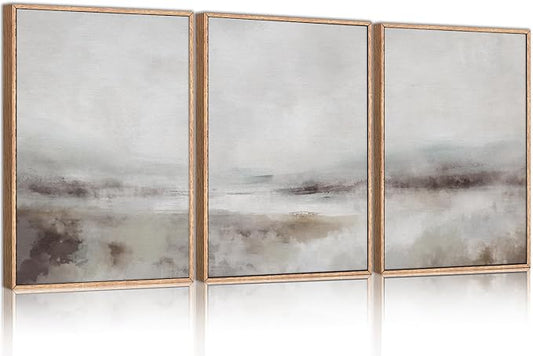 HLNIUC Large Abstract Neutral 3 Piece Wall Art Framed, Gray Lake Landscape Canvas Decor(16x24), Watercolor Smoky Mountain Wall Painting, Modern Minimalist Art Prints for Living Room, Bedroom, Office