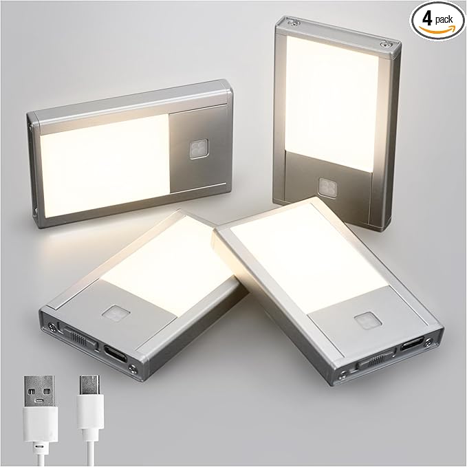 Rechargeable Motion Sensor Night Lights, 4-Pack - Painted Grey Aluminum Alloy, Ultra-Compact Magnetic Mount, 3000K Warm White Glow, Ideal for Hallways, Bedrooms, Stairs & Nightly Use