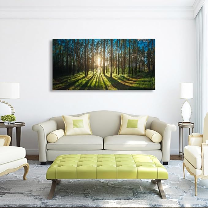 Sunrise Forest Pictures Canvas Wall Art for Living room Office Bedroom Wall Decor,Forest Wall Art Print Paintings Modern Green Nature Landscape Artwork Waterproof Ready to Hang-24x48 inch