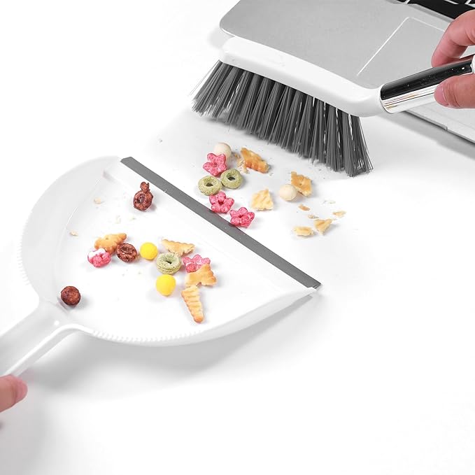 NACENA Mini Broom and Dustpan Set, Small Dust Pan and Brush Set with Handle Dustpan Teeth for Cleaning Hair Suitable for Office Desks Drawers Sofas Pet Care Outdoor Camping, White & Gray