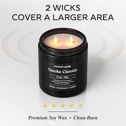 Candles for Men, 14.1 oz Scented Candles for Home, 2 Wicks Blended Scents Birthday Candles Gifts for Dad, Teacher, Boyfriend (Smoke+Sandalwood+Coffee)