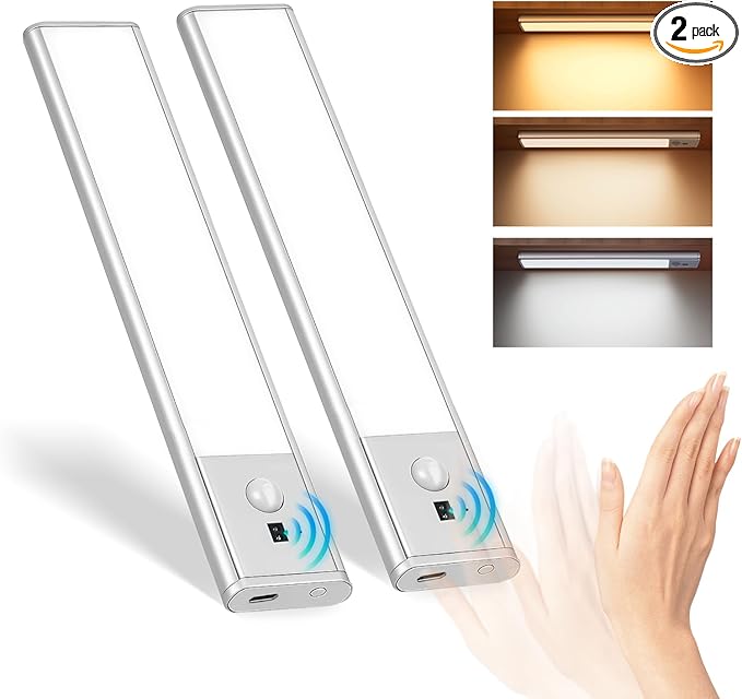 Under Cabinet Lighting, Motion Sensor Light with 3 Color Temps, Rechargeable Closet Lights with Hand Wave, 9 Inch Dimmable Under Counter Lights for Kitchen, Wardrobe, Stairs, 2 Pack