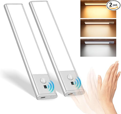 Under Cabinet Lighting, Motion Sensor Light with 3 Color Temps, Rechargeable Closet Lights with Hand Wave, 9 Inch Dimmable Under Counter Lights for Kitchen, Wardrobe, Stairs, 2 Pack